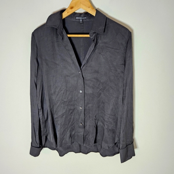 James Perse Estilo Blouse Button Front Top Shirt Black Satin Slit At Back 2 M - Picture 1 of 7